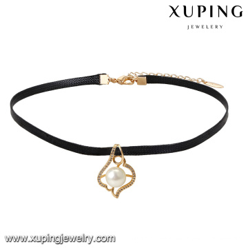 44033 xuping diseño simple moda aleación de cobre collar de joyas collar de gargantilla de cuentas de cuero negro